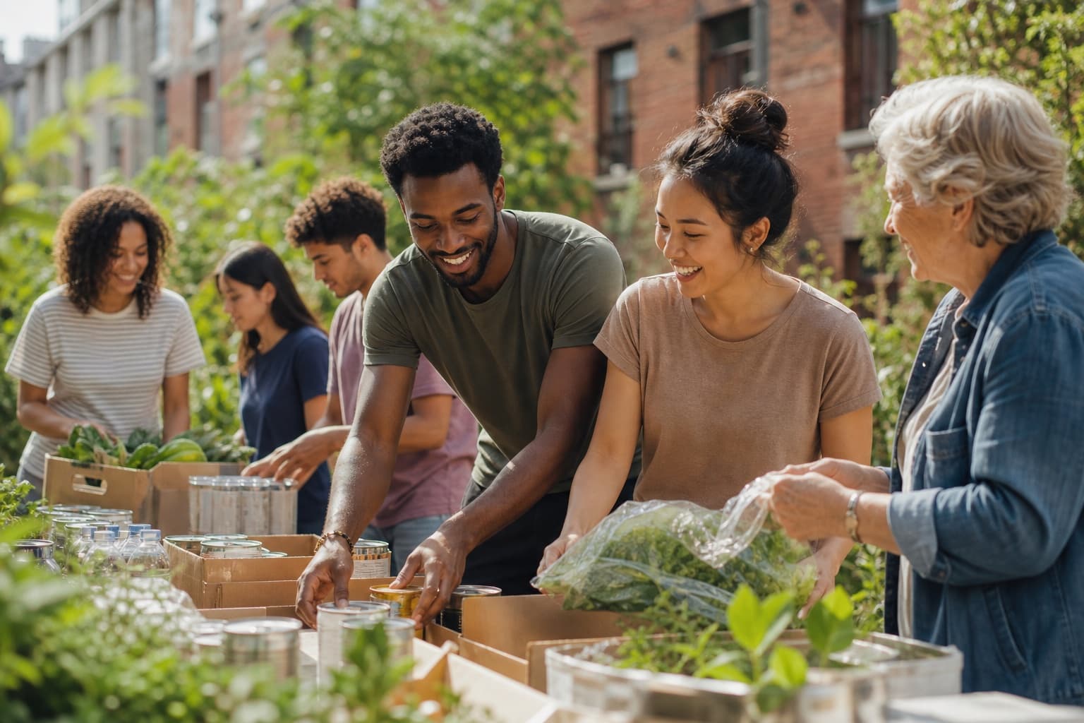 Neighbors collaborate outdoors on a shared project in a courtyard, carrying work forward together.