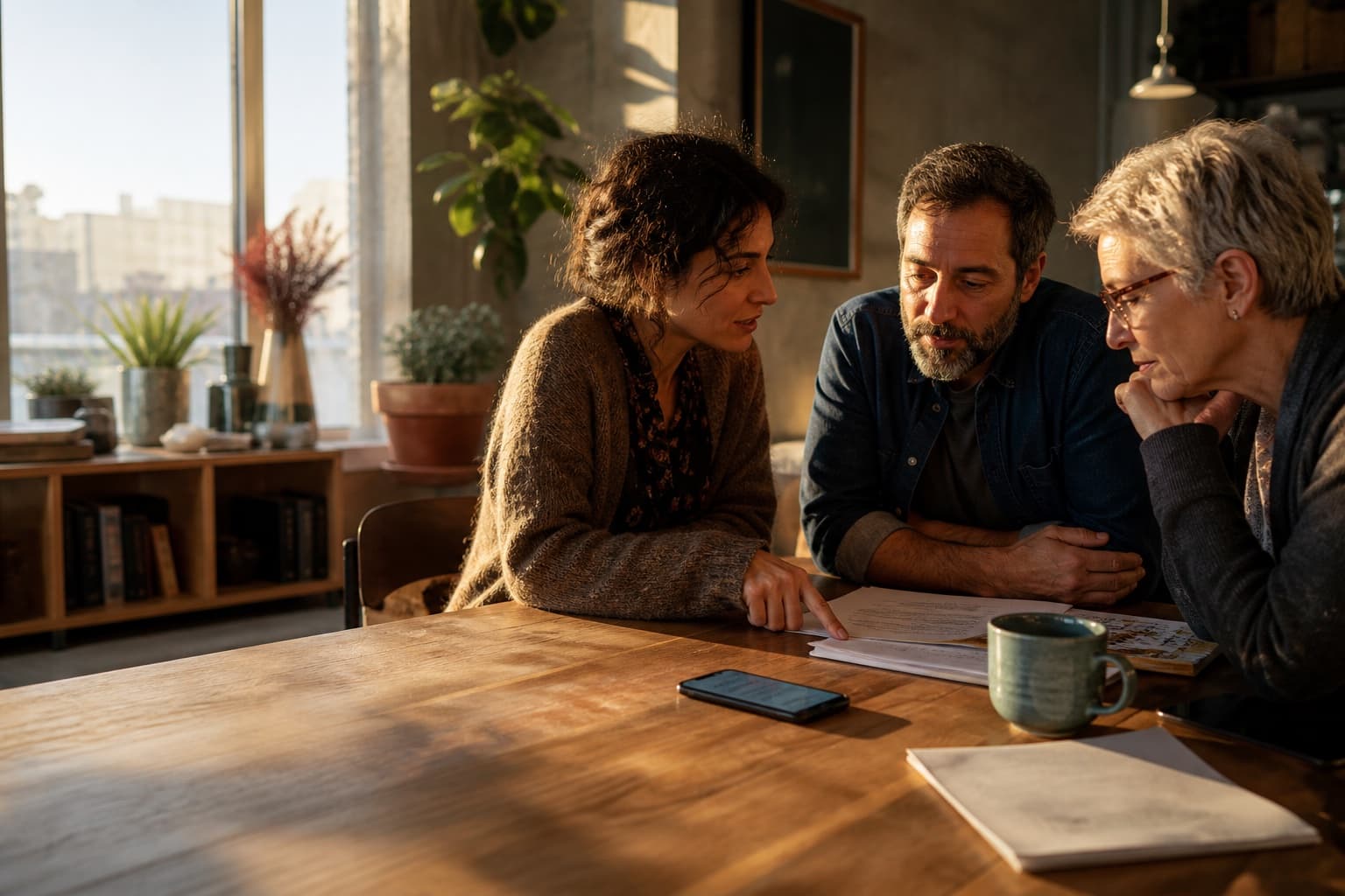 Diverse adults lean in around a sunlit table, one shared phone face-up, mid-conversation with papers and coffee nearby.